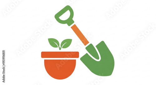 Gardening tools and potted plant with green leaves on white background for planting and growth concepts