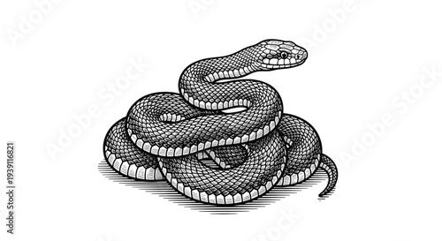 vintage coiled snake detailed reptile engraving illustration isolated, hand drawn serpent antique woodcut style wildlife animal engraving artwork