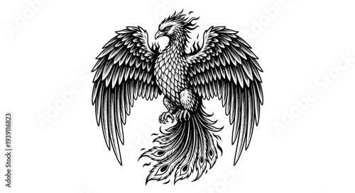 Mythical phoenix bird engraving, antique fire bird sketch and fantasy creature illustration in vintage woodcut style isolated