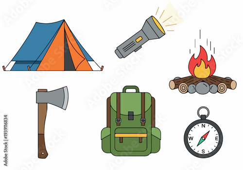 Camping essentials illustration featuring a tent, flashlight, axe, backpack, and clock