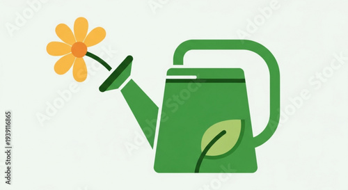 Green watering can with yellow flower and leaf gardening tool irrigation plant care eco friendly