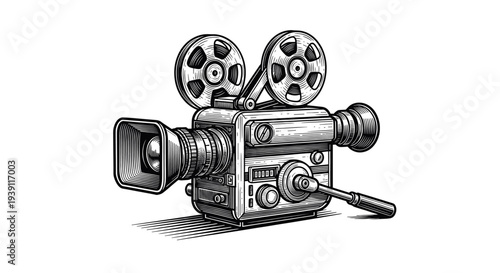 Vintage movie camera engraving, antique film projector sketch and retro cinema equipment in woodcut style isolated