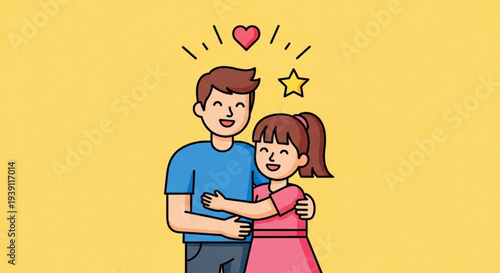 Loving couple hug each other with heart and star above them on yellow background