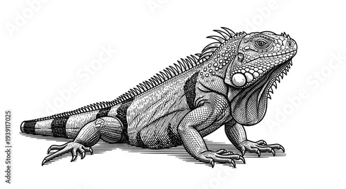 Vintage iguana engraving, antique lizard reptile sketch and tropical animal illustration in woodcut style isolated