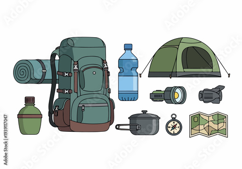 Camping gear arranged neatly on a flat surface, showcasing essentials for outdoor adventure from a top-down viewpoint.
