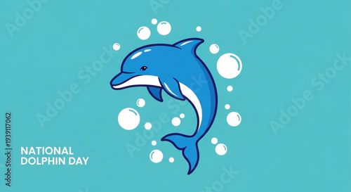Dolphin swimming surrounded by bubbles on national dolphin day with a blue background