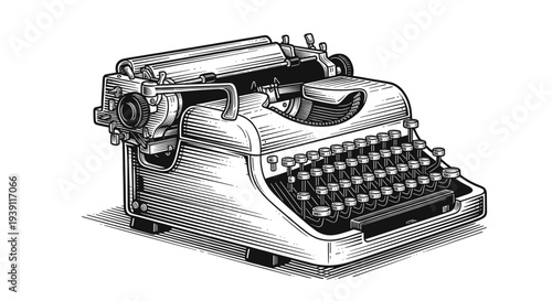 vintage mechanical typewriter detailed retro writing machine engraving illustration isolated, hand drawn antique office equipment woodcut style classic journalist typing device artwork