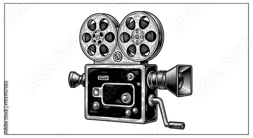 Vintage movie camera engraving, antique film projector sketch and retro cinema equipment in woodcut style isolated