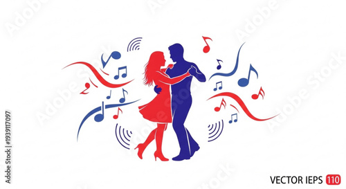Couple dancing together in a lively musical atmosphere with notes and swirls