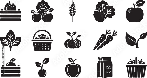 Black and white icons of fruits and vegetables collection