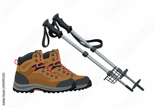Hiking boots and trekking poles displayed together on a plain white background, perfect for outdoor enthusiasts.