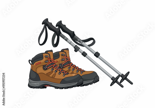 Hiking boots and trekking poles arranged neatly on a plain white background for outdoor adventure preparation