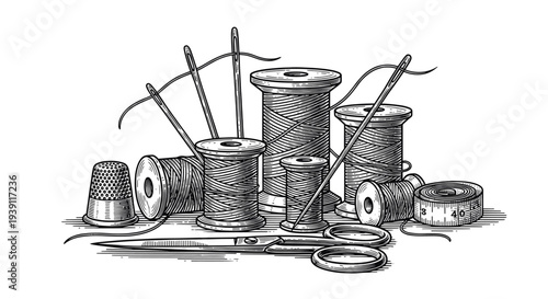 Vintage sewing tools composition with thread spools and needles detailed engraving illustration, antique tailoring equipment hand drawn woodcut style craft supplies