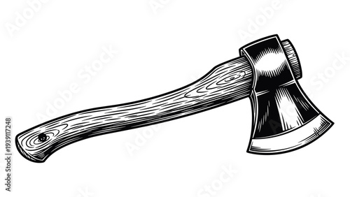 woodcutter axe rustic forestry tool detailed vintage engraving illustration wooden handle chopping axe hand drawn woodcut style
