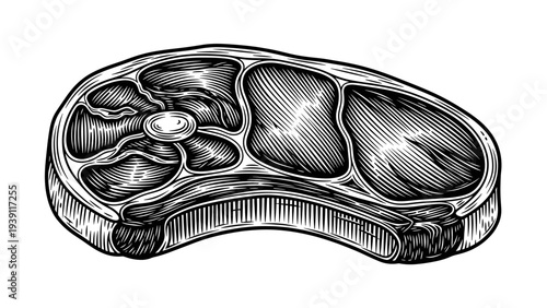 Vintage beef steak engraving, antique meat sketch and raw ribeye illustration in woodcut style isolated