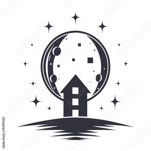 Pixel Art Moon Station Silhouette, Minimalist Space Research Center, Lunar Base Design Element
