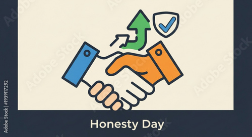 Handshake with growing arrow and shield on honesty day symbolizing trust and partnership