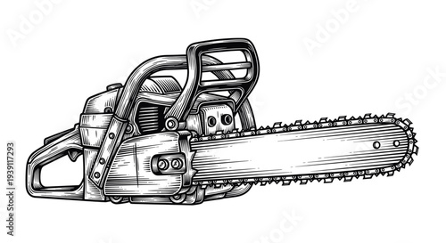 Vintage engraving chainsaw power tool detailed woodworking equipment illustration hand drawn woodcut style