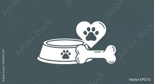 Pet food bowl with bone and heart symbol on dark background vector illustration for animal love and care