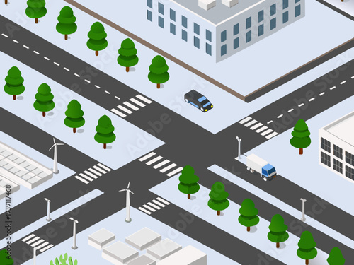 Isometric illustration of a winter city street with buildings and trees