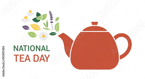 National tea day illustration with teapot and floral design on white background