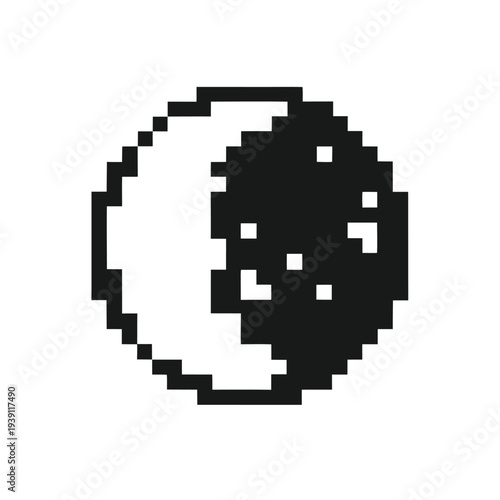 Minimalist Pixel Moon Symbol, Classic Night Sky Celestial Body, Black and White Silhouette