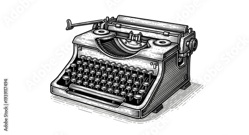 vintage mechanical typewriter detailed retro writing machine engraving illustration isolated, hand drawn antique office equipment woodcut style classic journalist typing device artwork