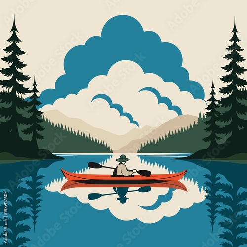 Φωτογραφία Silhouette kayaker paddling under aurora borealis reflection in mountain lake at