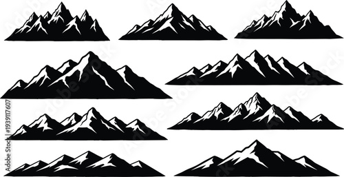 Black silhouette icons of various mountain ranges and rocky peaks for nature landscape decoration and cad drawing flat vector illustration