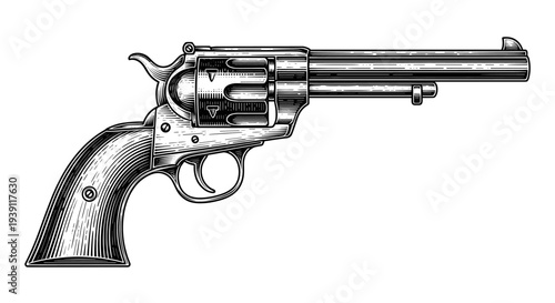 Vintage revolver engraving, hand drawn retro wild west pistol sketch, antique cowboy firearm isolated