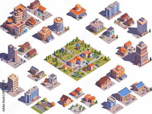 Isometric cityscape collection featuring various buildings parks and urban elements