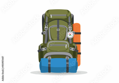 Stacked backpacks and luggage ready for travel adventure with outdoor gear