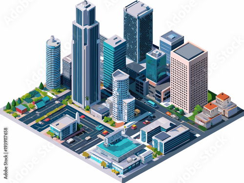 Isometric illustration of a modern city with skyscrapers and streets
