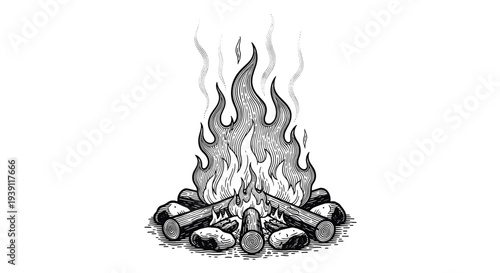 vintage engraving campfire burning wooden logs detailed outdoor camping illustration hand drawn fire flames in retro woodcut style
