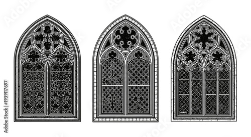 Vintage engraving gothic cathedral windows detailed medieval architecture stained glass church illustration hand drawn woodcut style
