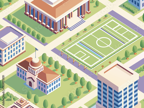 Isometric illustration of a university campus with buildings and sports facilities