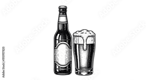 vintage beer bottle and foamy glass detailed engraving illustration classic brewery drink alcohol beverage woodcut style bar symbol