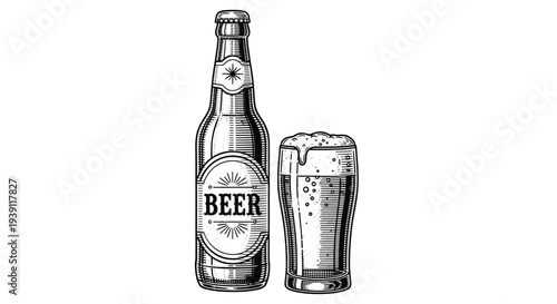 vintage beer bottle and foamy glass detailed engraving illustration classic brewery drink alcohol beverage woodcut style bar symbol