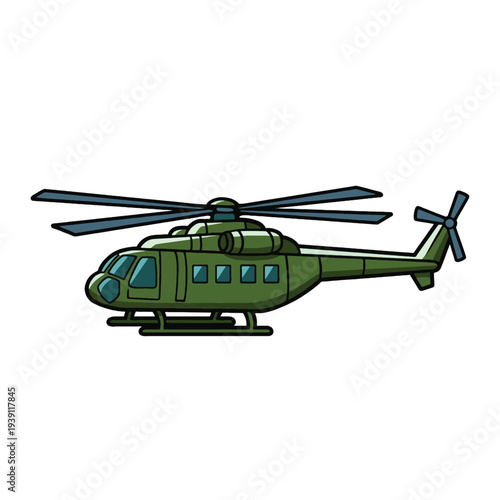 Stylized side view of a sturdy green helicopter, an iconic symbol of powerful air transportation and crucial rapid deployment for various missions Vector Design Illustration.