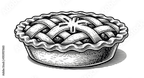 Vintage apple pie engraving, antique bakery sketch, traditional sweet pastry with lattice crust in woodcut style