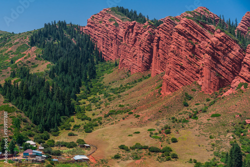 Fairytale canyon Skazka during sunset. Kyrgyzstan
