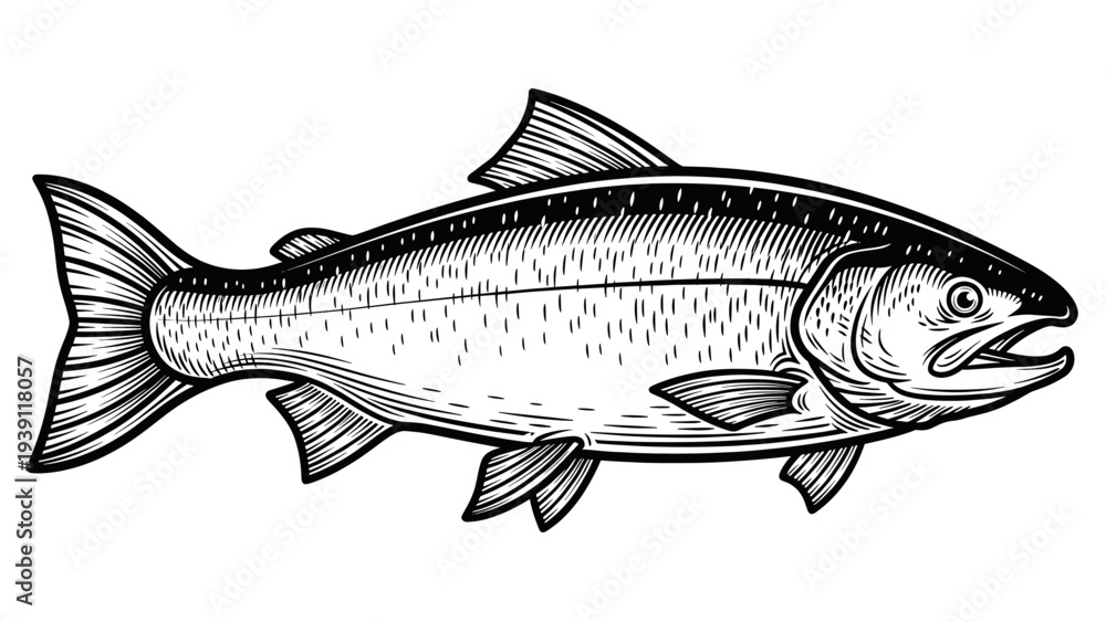 Fototapeta premium Vintage hand drawn salmon fish engraving illustration