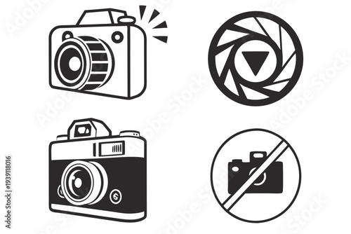 Modern camera icons with shutter, lash, and filter elements