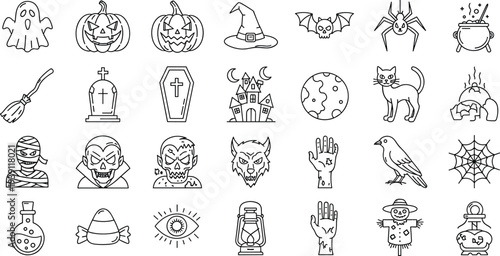 Black and white line icons of pumpkins ghosts bats haunted house and graveyard for spooky Halloween party cad drawing flat vector illustration