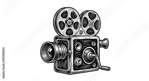 Vintage movie camera engraving, antique film projector sketch and retro cinema equipment in woodcut style isolated