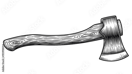woodcutter axe rustic forestry tool detailed vintage engraving illustration wooden handle chopping axe hand drawn woodcut style