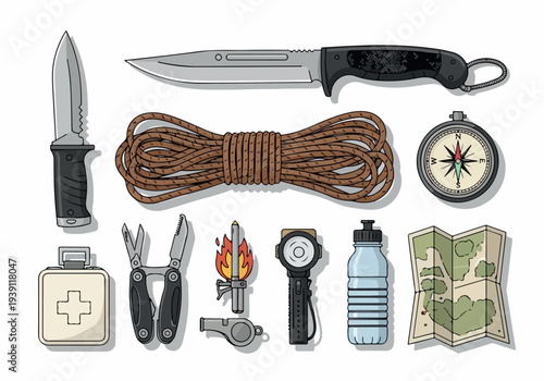 Outdoor adventure illustration featuring a collection of essential survival tools and equipment for wilderness exploration.