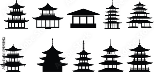 asian pagoda temple silhouettes set, japanese chinese architecture icons, traditional oriental buildings collection, cultural landmark vector illustration, east asia temples