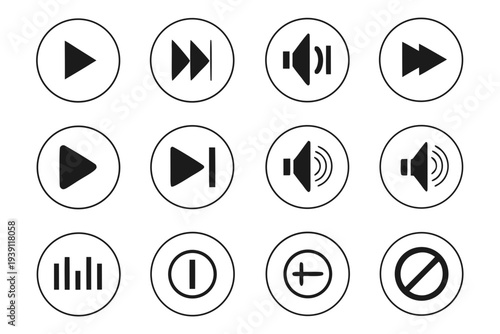 Media player control icons for play, pause, volume, and navigation