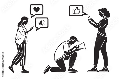 Young woman enjoying social media on smartphone with likes and comments